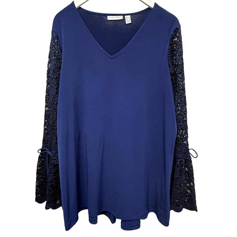 SUSAN GRAVER Navy Blue Liquid Knit Top Lace Sleeve Size Large Stretch Tunic
